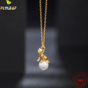 925 Silver Shell Pearl Cat Pendant Necklace 18k Plating Fine Jewelry