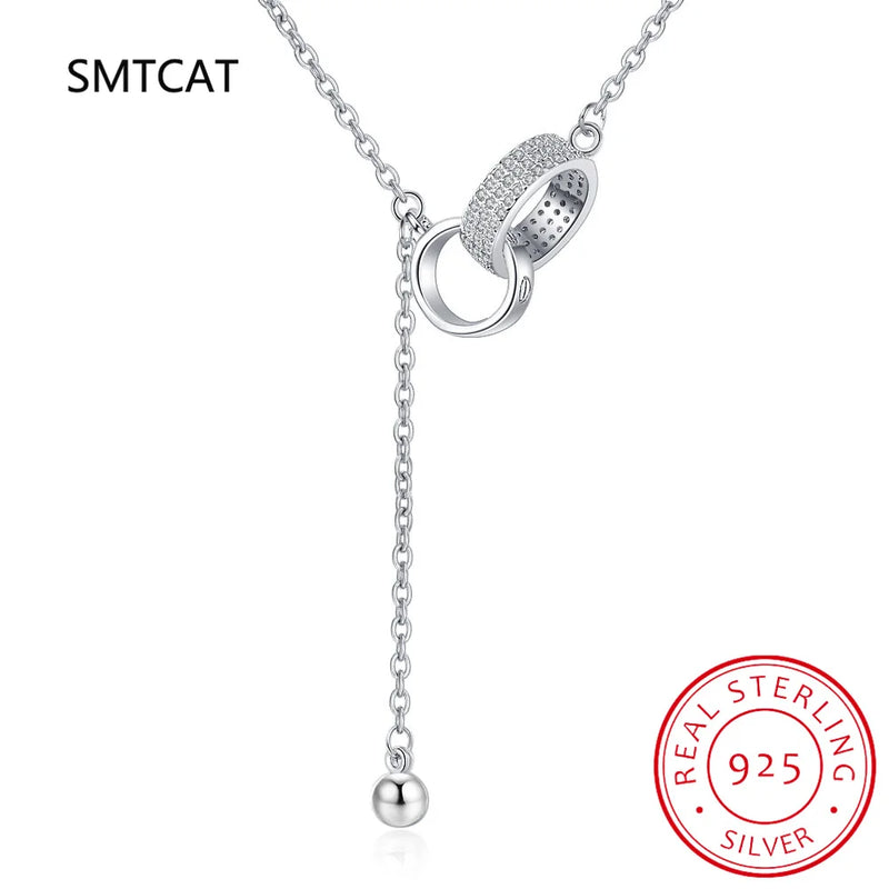925 Silver CZ Double Circle Tassel Choker Necklace