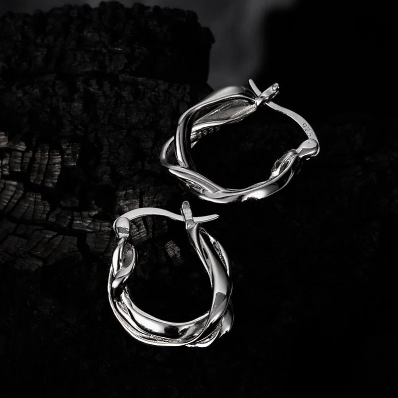 925 Silver Crossed Lines Twisted Hoop Earrings