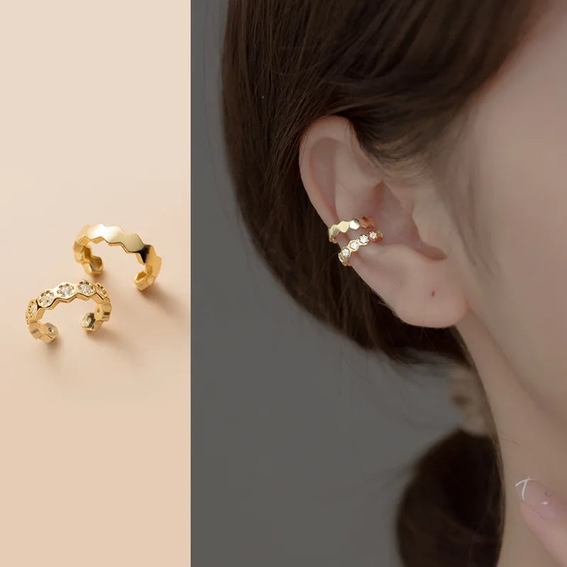 925 Sterling Silver Polygonal Ear Cuffs Golden Asymmetric Cartilage Earrings