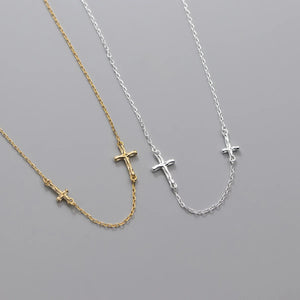 925 Silver Textured Cross Choker Necklace Double Chain Fine Jewelry