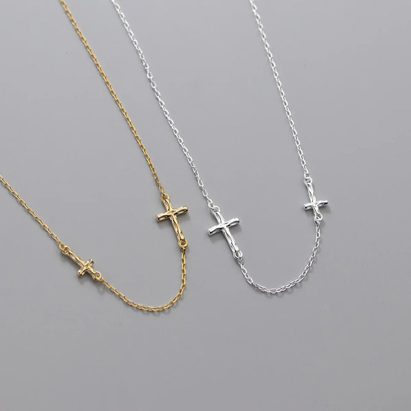 925 Silver Textured Cross Choker Necklace Double Chain Fine Jewelry