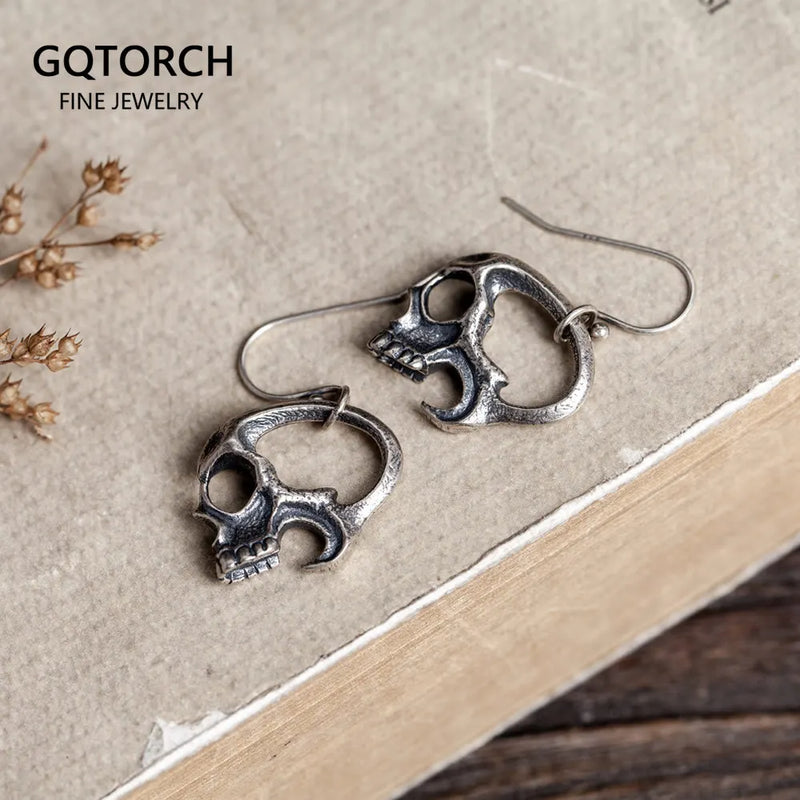 925 Sterling Silver Skull Drop Earrings Retro Punk Style