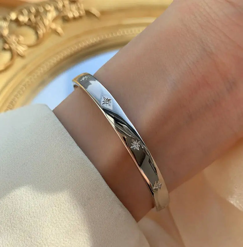 925 Silver Zirconia Star Cuff Bangles Wedding Jewelry