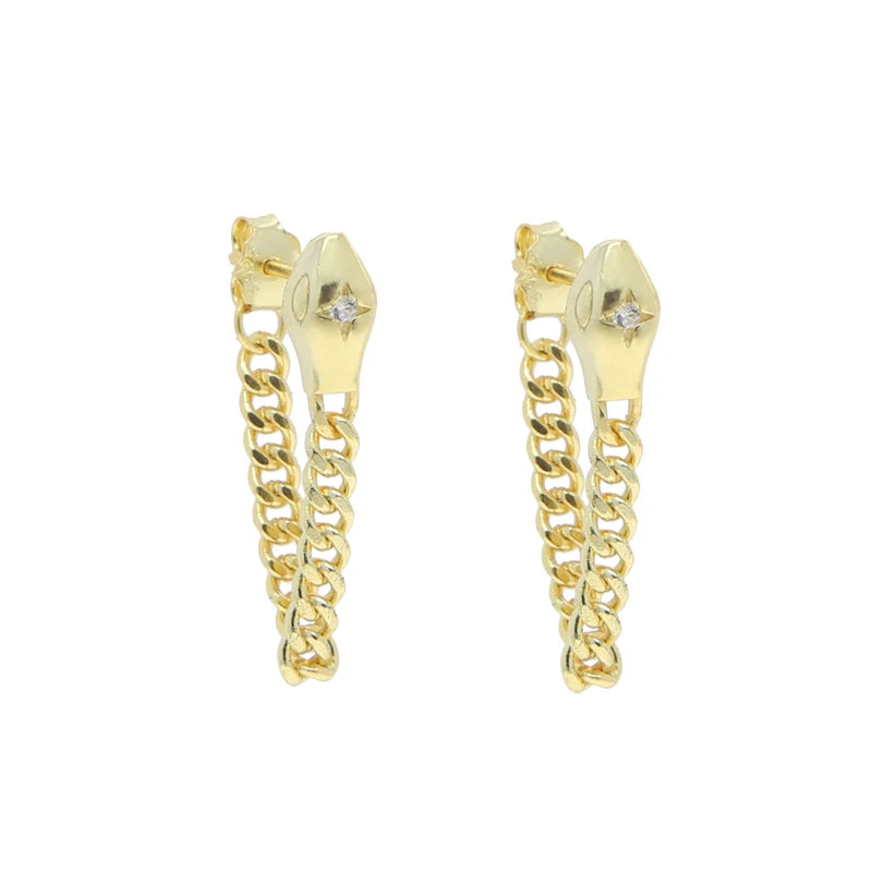 925 Silver Snake Cuban Chain Stud Earrings with CZ Tassel