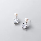 925 Silver Square Diamond Pearl Stud Earrings Women Jewelry Gift