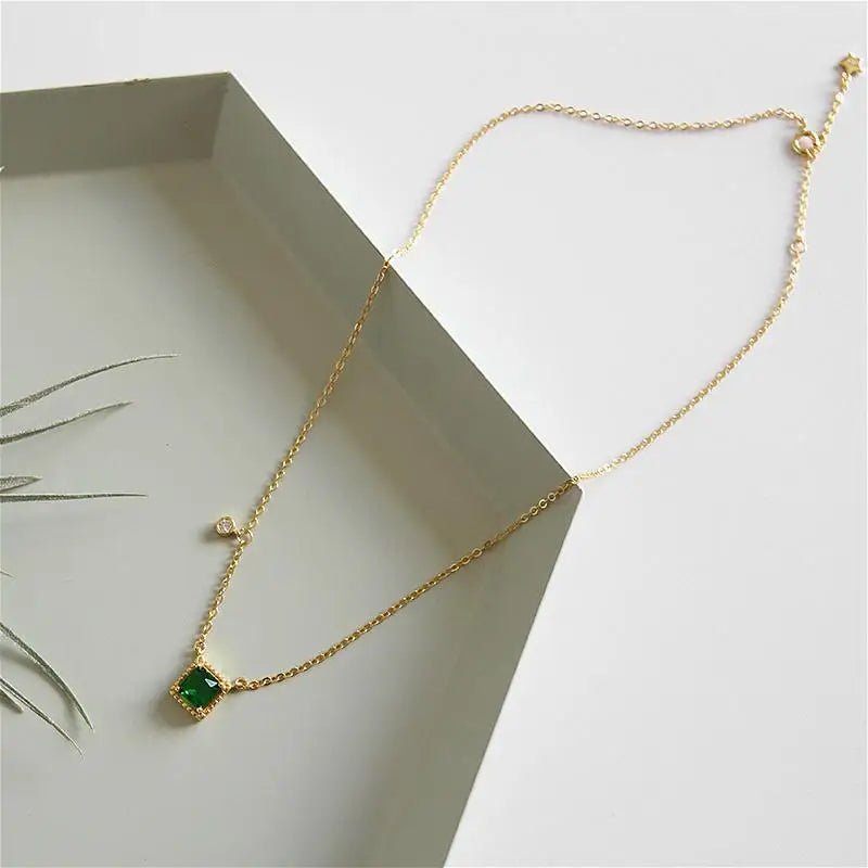 925 Silver Square Emerald Zircon Pendant Necklace 18k Plating Women