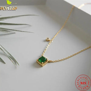 925 Silver Square Emerald Zircon Pendant Necklace 18k Plating Women