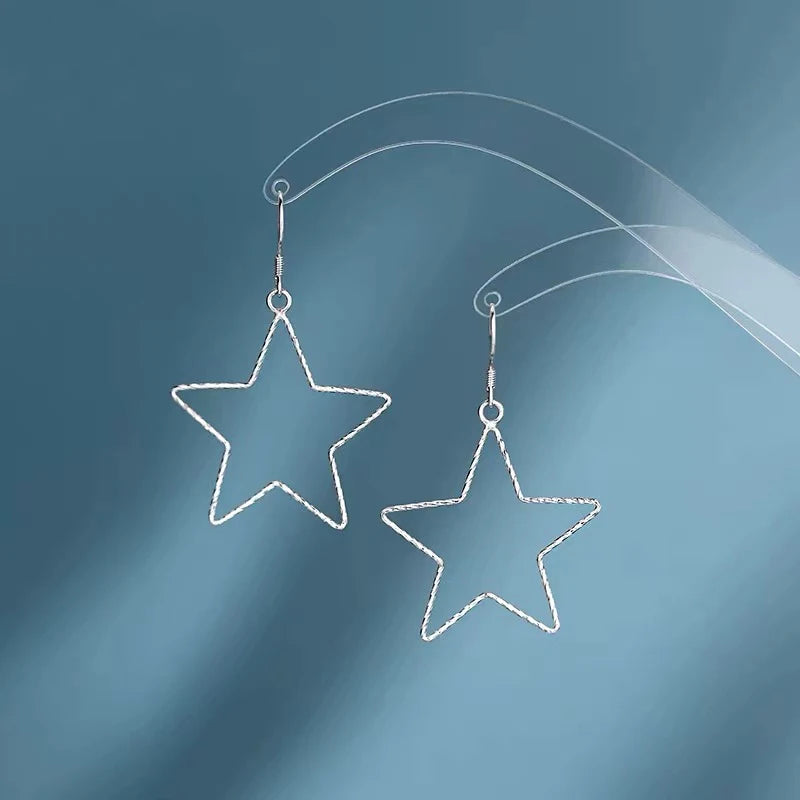 925 Silver Star Dangle Earrings Hollow Drop Women Jewelry