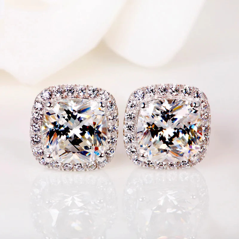 925 Silver Square Stud Earrings Created Diamond Women Wedding Jewelry