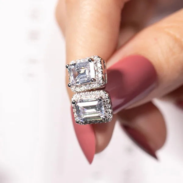 Emerald Cut Diamond Stud Earrings, 925 Sterling Silver, Women's Jewelry