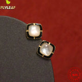 Real 925 Silver Stud Earrings Women High Fine Jewelry Square Drip Glaze