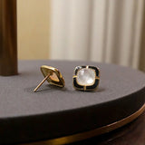 Real 925 Silver Stud Earrings Women High Fine Jewelry Square Drip Glaze