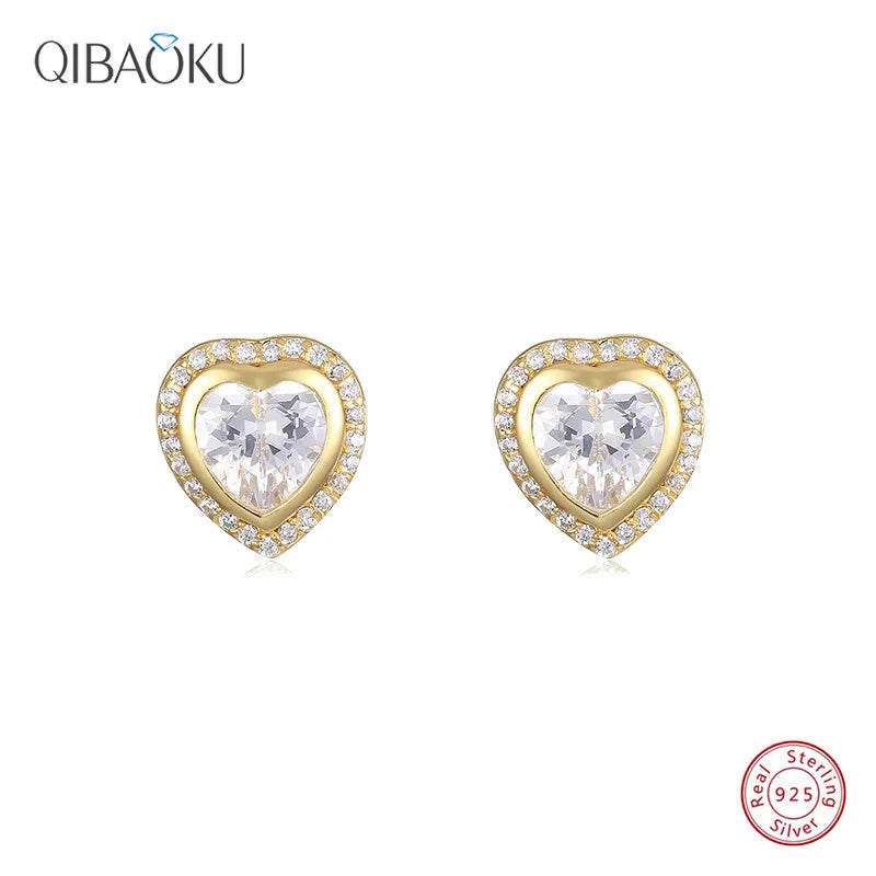 925 Sterling Silver Heart Stud Earrings, Zircon Stones, 5mm, Women's Ear Jewelry