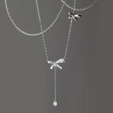 925 Silver Bowknot Necklace Double Tassel Chokers