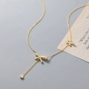 925 Silver Bowknot Necklace Double Tassel Chokers