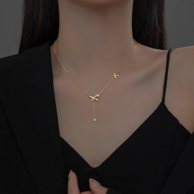 925 Silver Bowknot Necklace Double Tassel Chokers
