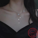 925 Silver Star Moon Tassel Pendant Choker Necklace Women S925 Jewelry