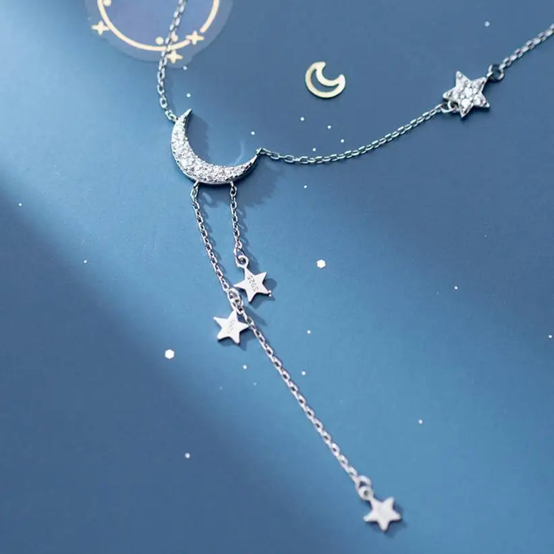 925 Silver Star Moon Tassel Pendant Choker Necklace for Women