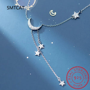925 Silver Star Moon Tassel Pendant Choker Necklace Women S925 Jewelry