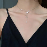 925 Silver Star Moon Tassel Pendant Choker Necklace for Women