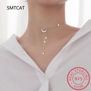 925 Silver Star Moon Tassel Pendant Choker Necklace Women S925 Jewelry