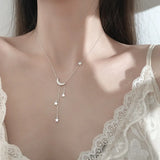 925 Silver Star Moon Tassel Pendant Choker Necklace Women S925 Jewelry
