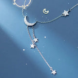 925 Silver Star Moon Tassel Pendant Choker Necklace for Women