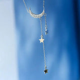925 Silver Star Moon Tassel Pendant Choker Necklace for Women