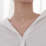 925 Silver Star Moon Tassel Pendant Choker Necklace for Women