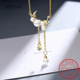925 Silver Synthesis Pearl Tassel Moon Choker Necklace Birthday Gift
