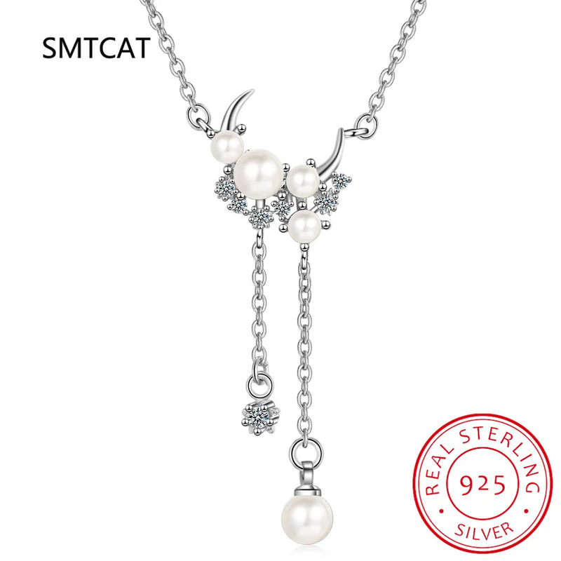 925 Silver Synthesis Pearl Tassel Moon Choker Necklace Birthday Gift