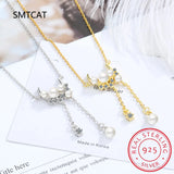 925 Silver Synthesis Pearl Tassel Moon Choker Necklace Birthday Gift
