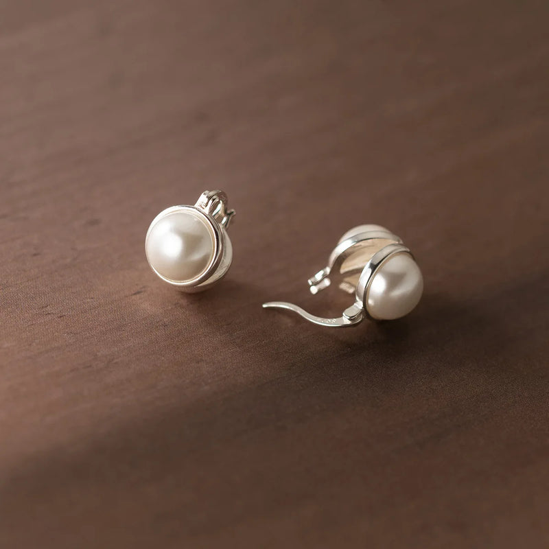 925 Sterling Silver Pearl Ear Clip Earrings Retro Jewelry for Women