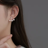925 Silver Pearl Three Flowers Earrings Front Back Studs