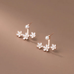 925 Silver Pearl Three Flowers Earrings Front Back Studs