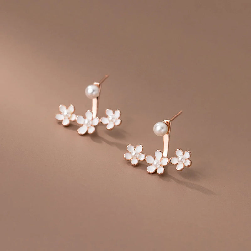 925 Silver Pearl Three Flowers Earrings Front Back Studs