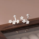 925 Silver Pearl Three Flowers Earrings Front Back Studs