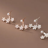 925 Silver Pearl Three Flowers Earrings Front Back Studs