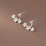 925 Silver Pearl Three Flowers Earrings Front Back Studs