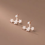 925 Silver Pearl Three Flowers Earrings Front Back Studs