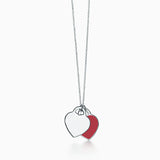 925 Silver Pink Red Green Double Heart Pendant Necklace