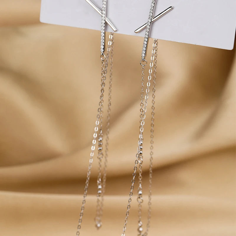 925 Silver Tassel Cross Earrings Party Jewelry Bohemian Accessory
