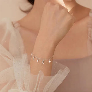 925 Sterling Silver Tassel Cross Moon Charm Bracelet Bangle Wedding Jewelry