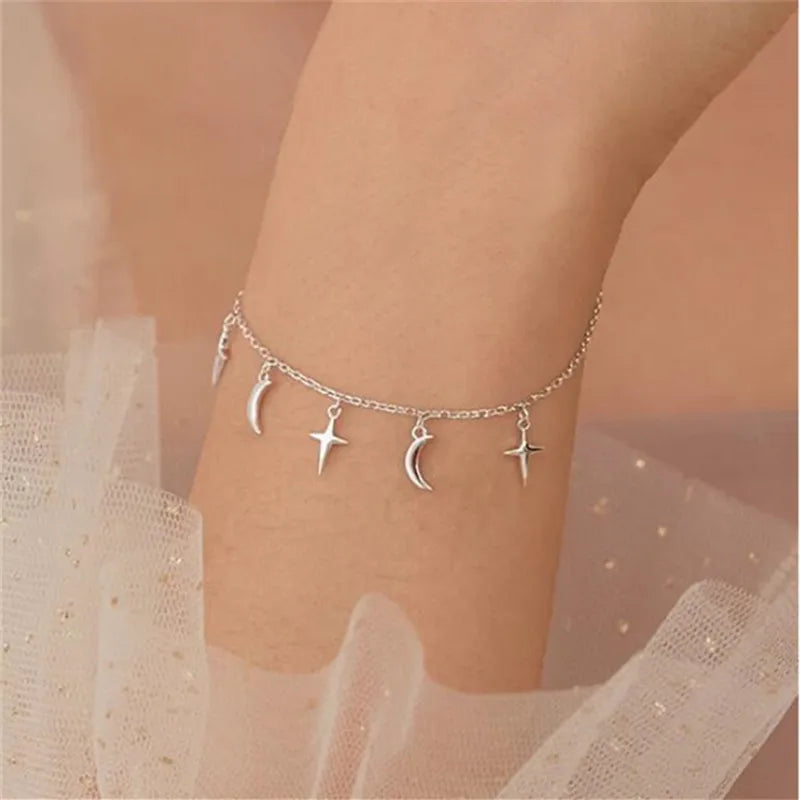 925 Sterling Silver Tassel Cross Moon Charm Bracelet Bangle Wedding Jewelry