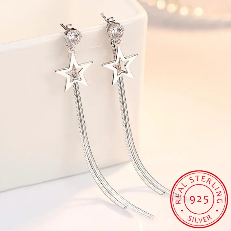 925 Sterling Silver Tassel Earrings Zirconia Star Long Chain Earring