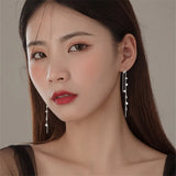 925 Silver Tassel Zircon Bead Drop Earrings Wedding Party Jewelry