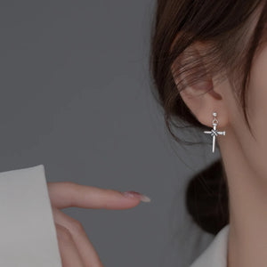 925 Silver Thai Silver Cross Earrings Retro Geometric Short Drop Earring