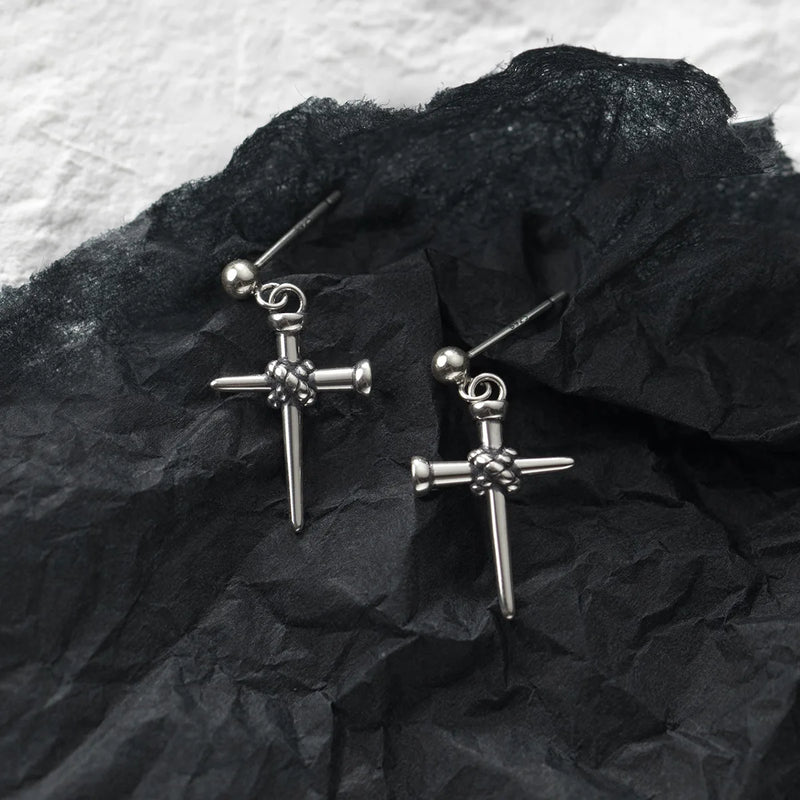 925 Silver Thai Silver Cross Earrings Retro Geometric Short Drop Earring