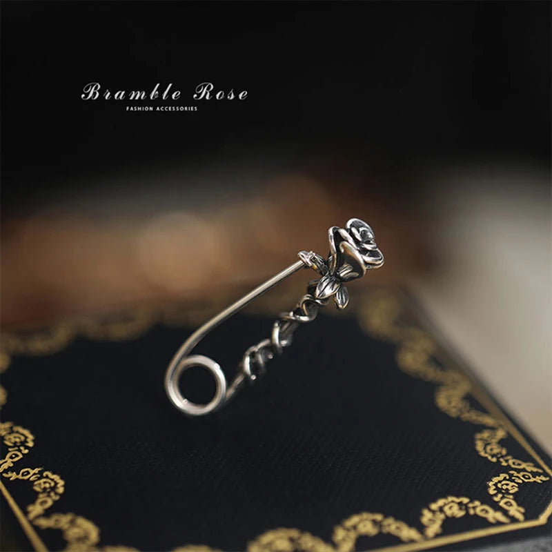 925 Silver Thorny Rose Brooch Vintage Pin